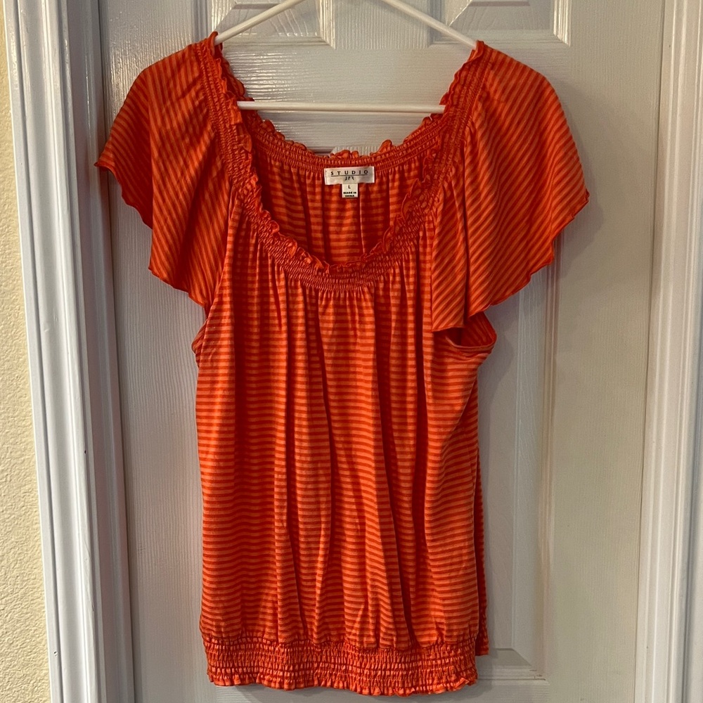Bright Orange Striped Flutter-Sleeve Shirt